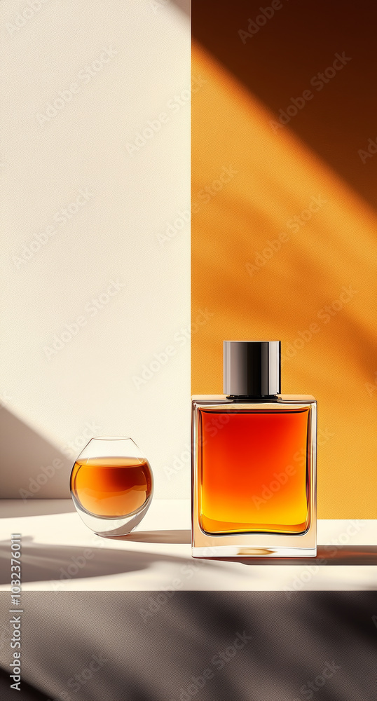 A stylish perfume bottle and small glass container are elegantly displayed against warm orange and white backdrop, creating sophisticated atmosphere. interplay of light and shadow enhances luxurious f A stylish perfume bottle and small glass container are elegantly displayed against warm orange and white backdrop, creating sophisticated atmosphere. interplay of light and shadow enhances luxurious f