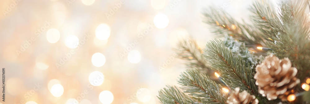 A beautiful close up of Christmas tree branch adorned with pine cones and twinkling lights, creating warm and festive atmosphere. soft bokeh background enhances holiday spirit A beautiful close up of Christmas tree branch adorned with pine cones and twinkling lights, creating warm and festive atmosphere. soft bokeh background enhances holiday spirit