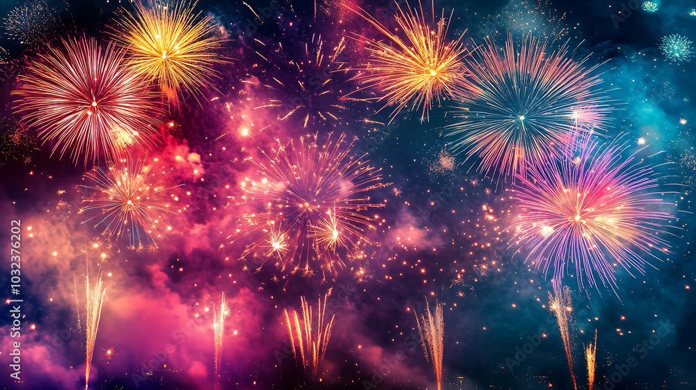 An aerial view of a city during a New Year’s celebration, showcasing a stunning fireworks display with vibrant colors against the dark sky An aerial view of a city during a New Year’s celebration, showcasing a stunning fireworks display with vibrant colors against the dark sky