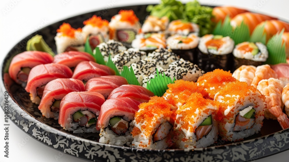 Artfully arranged sushi rolls and sashimi on a sleek black plate, set against a crisp white background Artfully arranged sushi rolls and sashimi on a sleek black plate, set against a crisp white background