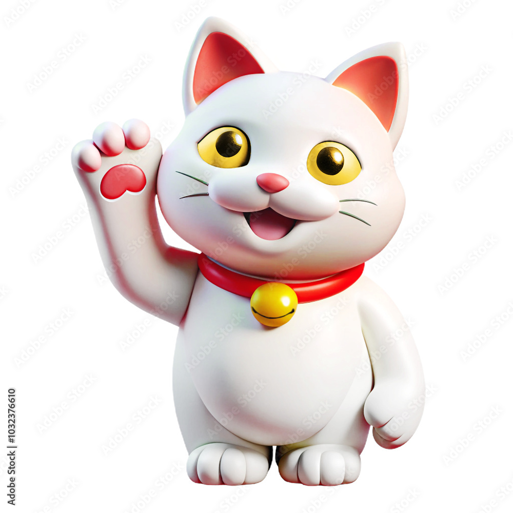 CUTE JAPAN Cheerful WHITE Lucky Cat Waving Paw 3d cartoon style illustration