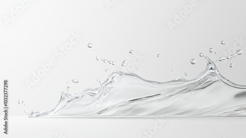 A dynamic splash of clear water creates an energetic wave, showcasing beauty and fluidity of nature. droplets dance in air, capturing moment of movement and freshness