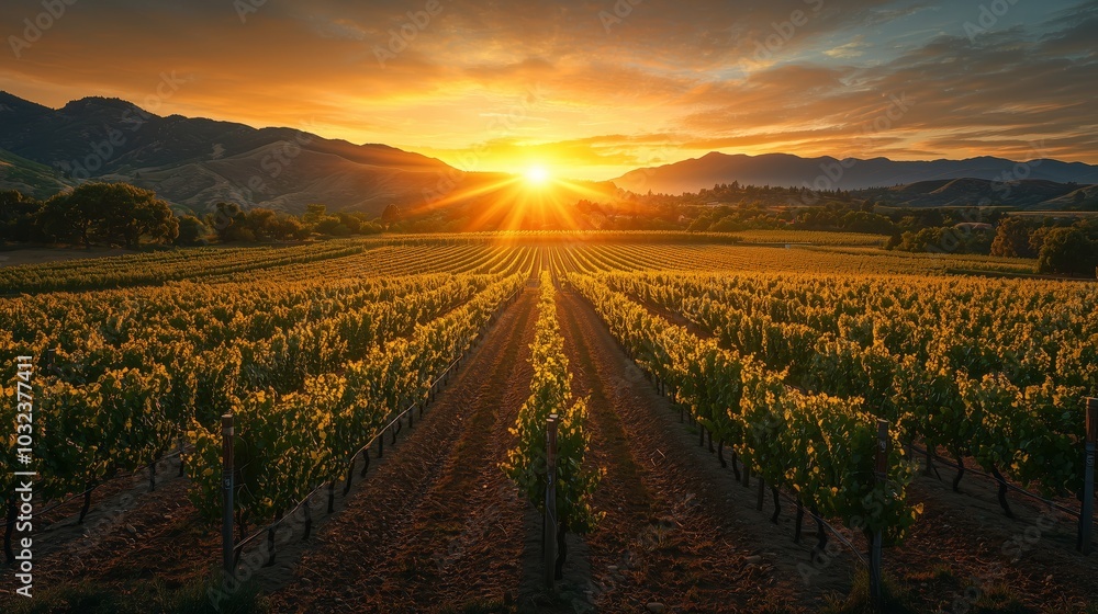 Scenic Vineyard at Sunset with Rows of Grapes Scenic Vineyard at Sunset with Rows of Grapes