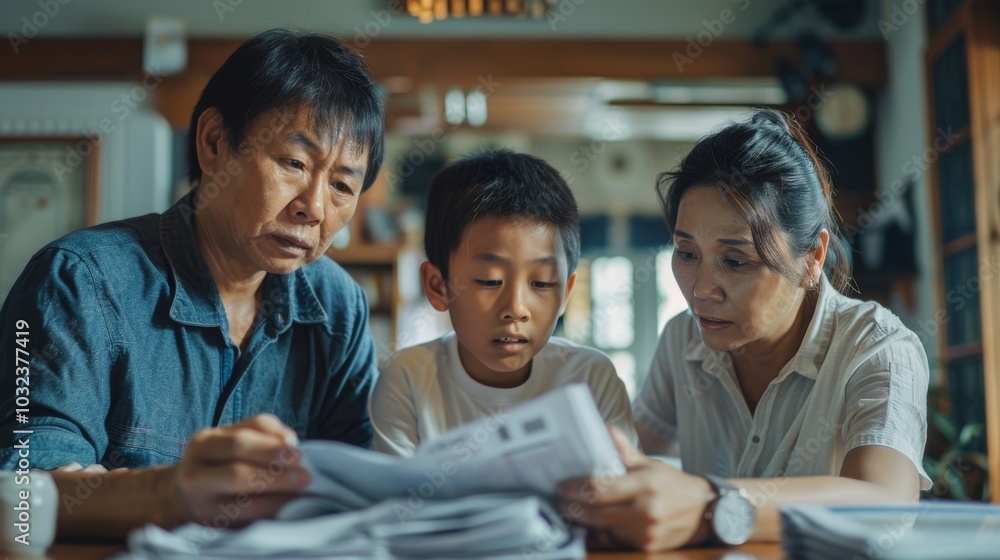 Asian family feeling the impact of rising living expenses, with bills and debt piling up Asian family feeling the impact of rising living expenses, with bills and debt piling up