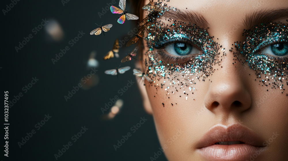 Fototapeta premium A close up portrait of woman with striking blue eyes and glittery makeup, featuring shimmering butterflies around her face, creating magical and ethereal atmosphere