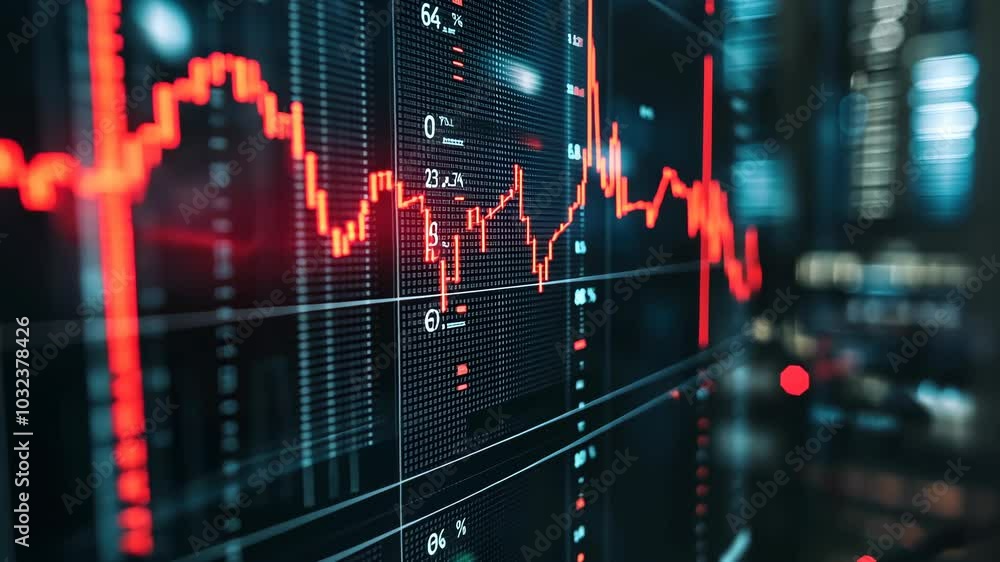 A red line fluctuates on a large screen showing stock market data A red line fluctuates on a large screen showing stock market data