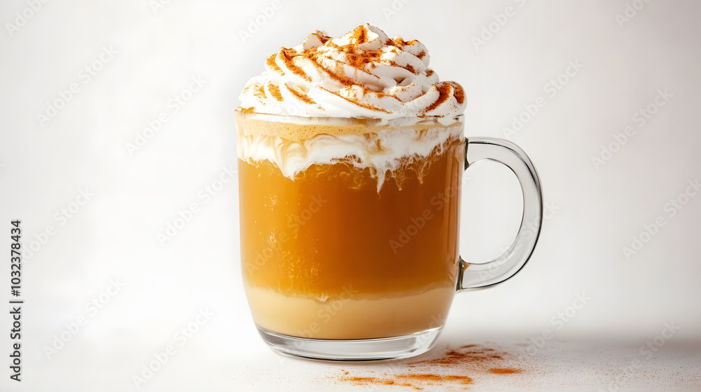 artisanal pumpkin spice latte in clear glass mug topped with swirled whipped cream and dusted with cinnamon steam rises against crisp white background highlighting autumn colors artisanal pumpkin spice latte in clear glass mug topped with swirled whipped cream and dusted with cinnamon steam rises against crisp white background highlighting autumn colors