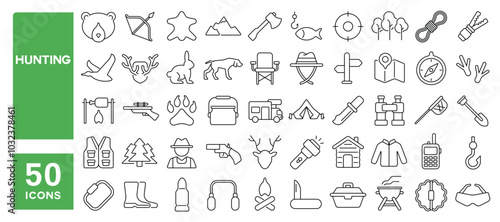 Set of 50 line icons related to hunting, rifle, wildlife, crossbow, footprints, camo, animals, weapon, hunter, Editable stroke. Vector illustration