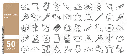 Set of 50 line icons related to prehistoric age, dinosaur, meteorite, primitive, axe, flame, mammoth, cave, fishing, rock, stones, Editable stroke. Vector illustration