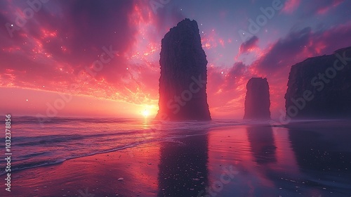 Dramatic sunset over the ocean with sea stacks silhouetted against the vibrant sky.