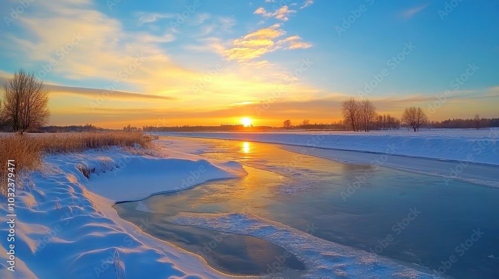 Snowy landscape with a frozen river reflecting twilight colors Snowy landscape with a frozen river reflecting twilight colors