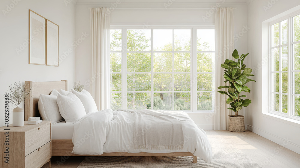 Fototapeta premium A serene bedroom featuring cozy bed with white bedding, large windows allowing natural light, and decorative plant in pot, creating peaceful atmosphere