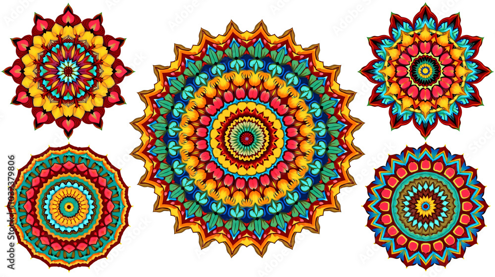 Intricate Mandala Illustrations with Vibrant Colors of Rangoli for Happy Diwali Intricate Mandala Illustrations with Vibrant Colors of Rangoli for Happy Diwali