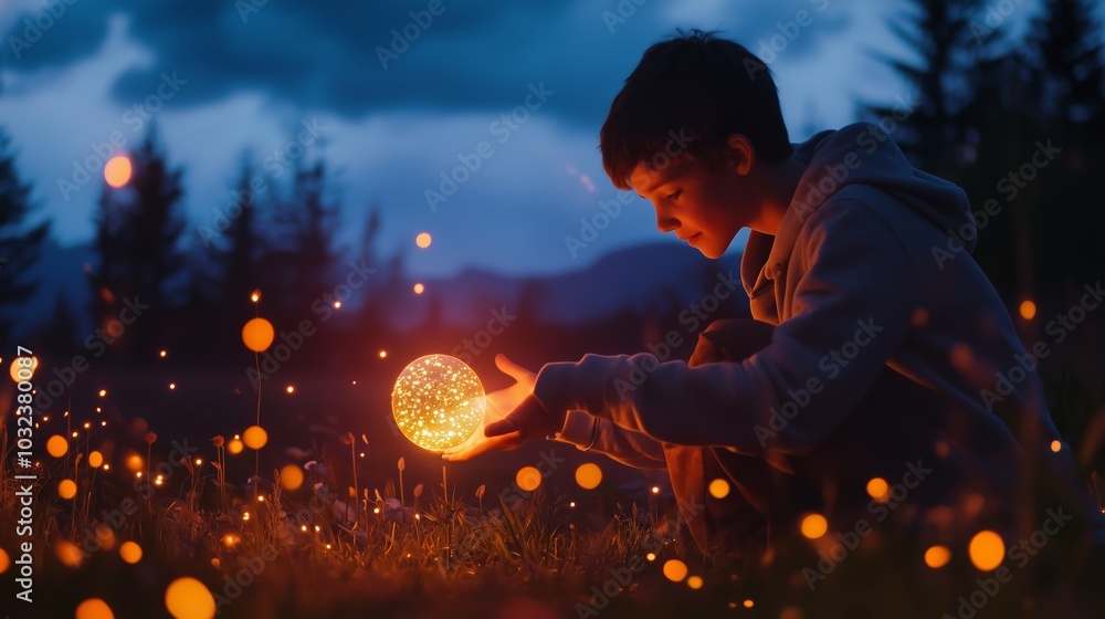 Fototapeta premium A boy captures glowing orbs in a magical twilight landscape filled with twinkling lights and distant mountains
