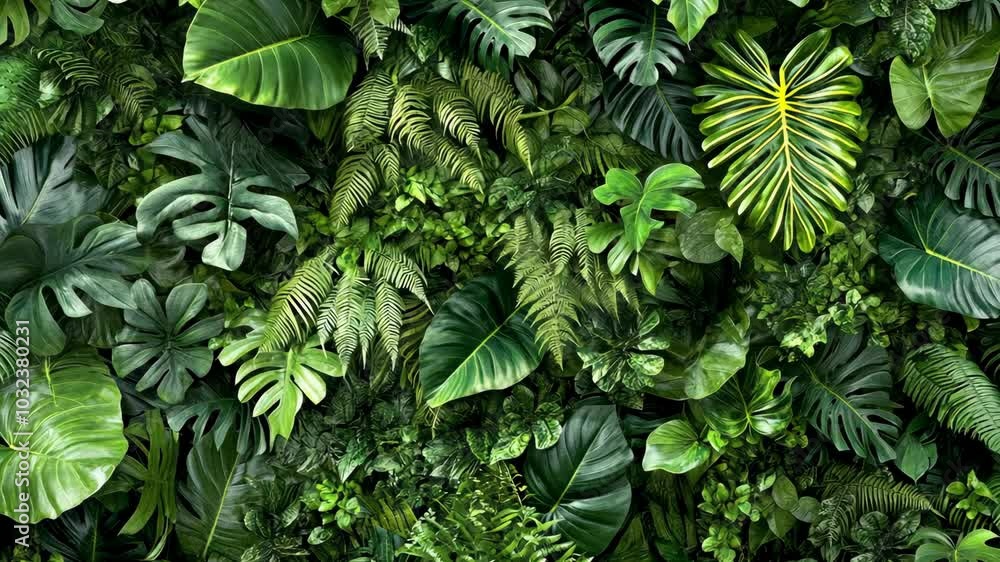 A lush green wall of ferns and tropical plants, creating a serene and natural atmosphere A lush green wall of ferns and tropical plants, creating a serene and natural atmosphere