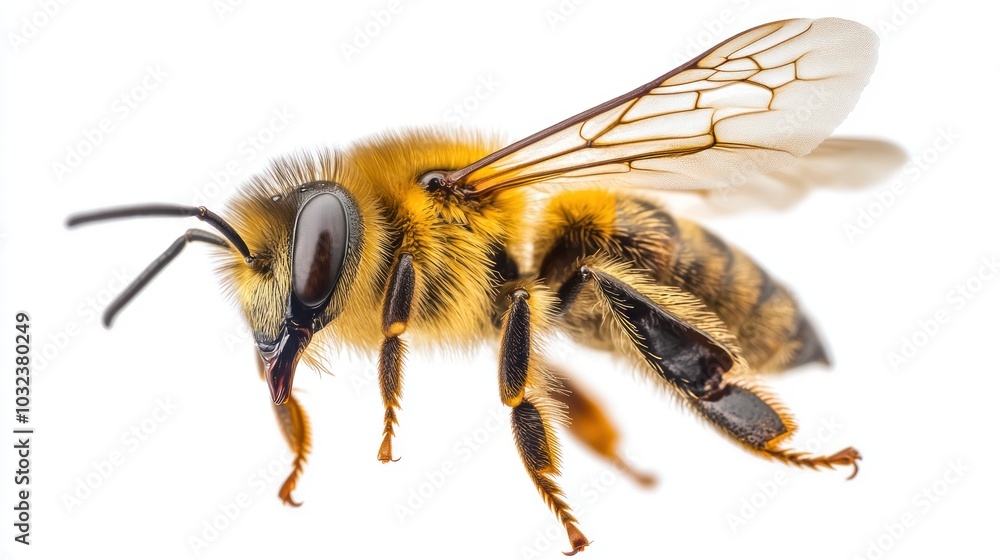 A close-up of a bee showcasing its features and details. A close-up of a bee showcasing its features and details.