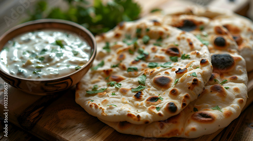 Plain naan with a side of yogurt sauce