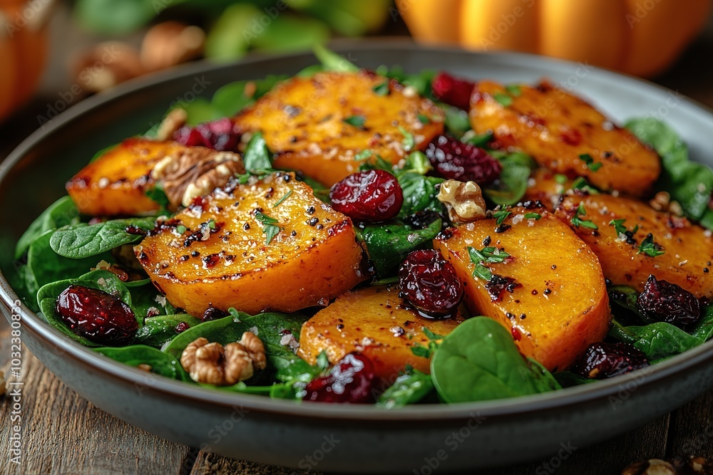 Roasted pumpkin salad with spinach and walnut on a black plate on a old wooden background. Top view Roasted pumpkin salad with spinach and walnut on a black plate on a old wooden background. Top view