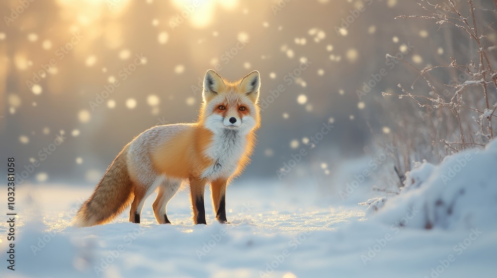 Fototapeta premium A fox standing in fresh snow, blending into the winter forest