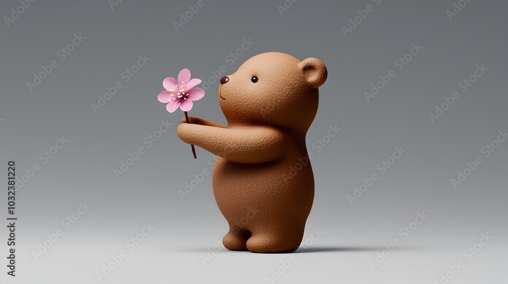 Charming and Heartwarming Image of a Soft Cuddly Teddy Bear Gently Holding a Miniature Bouquet of Delicate Flowers Representing Love Romance and