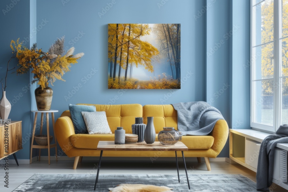 Fototapeta premium Vibrant yellow sofa and chair near teal wall with poster frame. Scandinavian interior design of modern living room.
