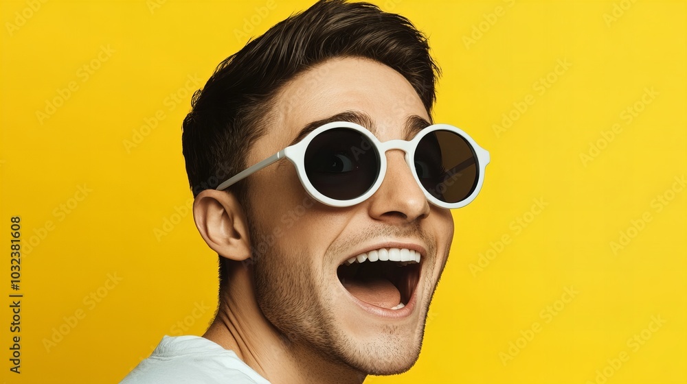 A young man with dark hair and a white t-shirt looks surprised while wearing round sunglasses against a bright yellow background. A young man with dark hair and a white t-shirt looks surprised while wearing round sunglasses against a bright yellow background.