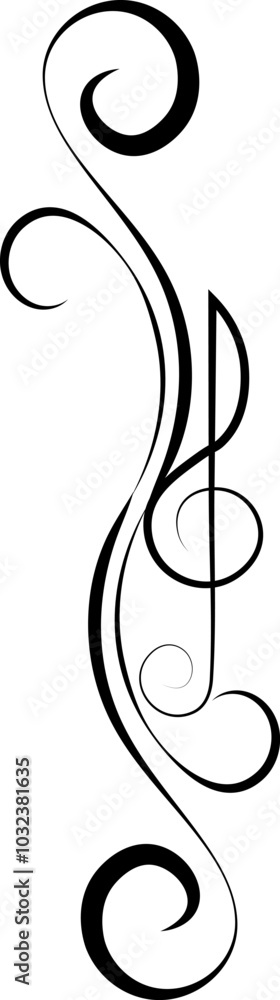 Music design. Vertical scrolls and treble clef. For concert, music, stickers, t-shirts. Music design. Vertical scrolls and treble clef. For concert, music, stickers, t-shirts.