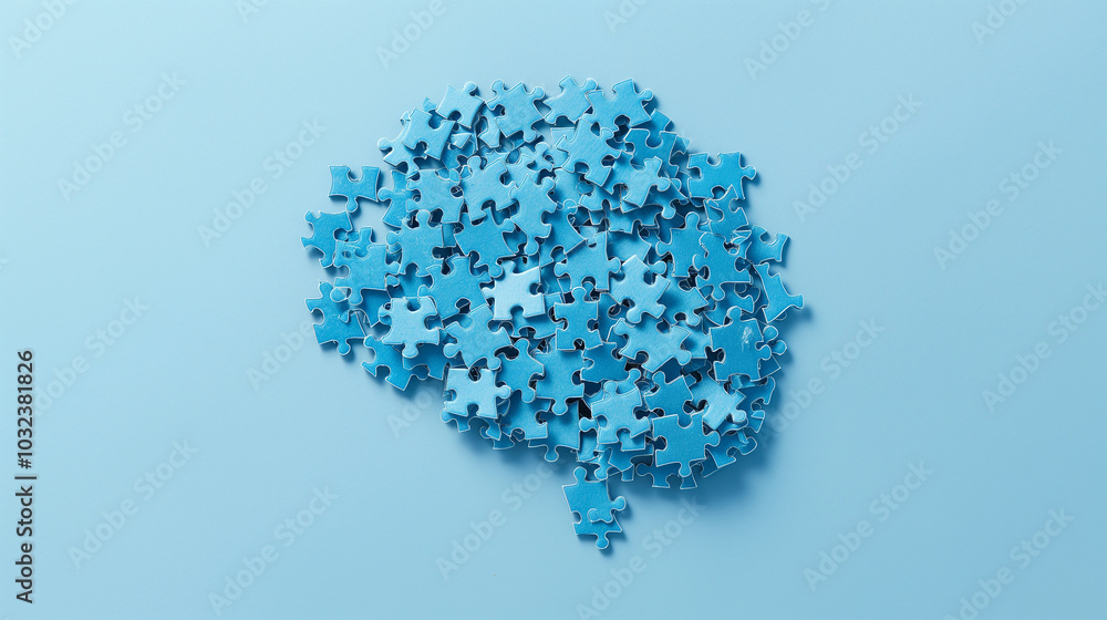 puzzle pieces arranged in the shape of human brain against a plain blue background, concept of brain storming critical thinking mental health puzzle pieces arranged in the shape of human brain against a plain blue background, concept of brain storming critical thinking mental health