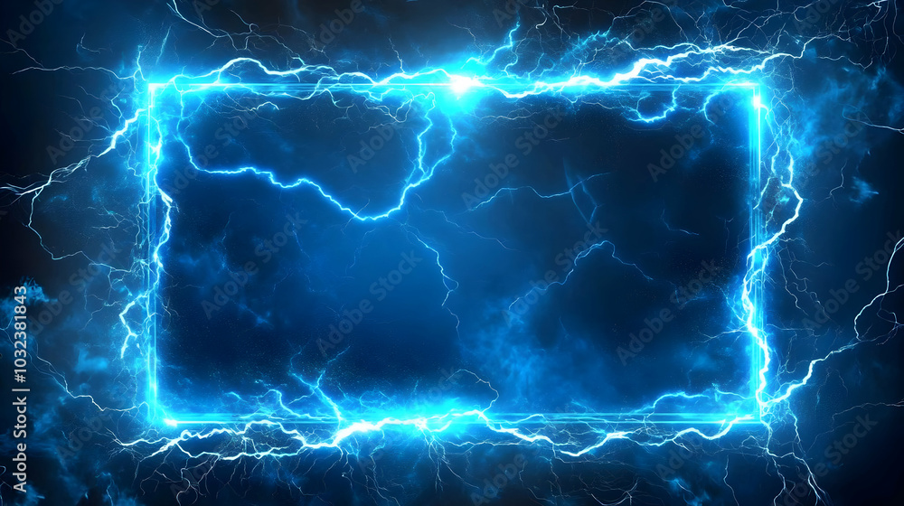 Electric Blue Lightning Strikes Surrounding A Glowing Rectangle Border On A Dark Background Electric Blue Lightning Strikes Surrounding A Glowing Rectangle Border On A Dark Background