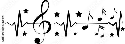 Music design. Treble clef and musical notes on heartbeat. For concert, music, stickers, t-shirts.