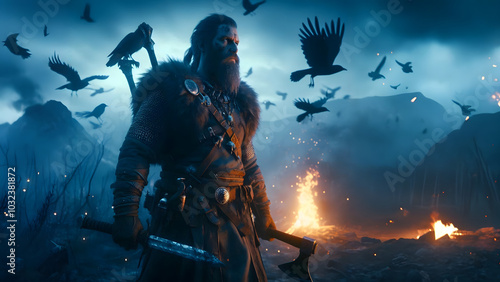 viking in the battlefield surrounded by crows