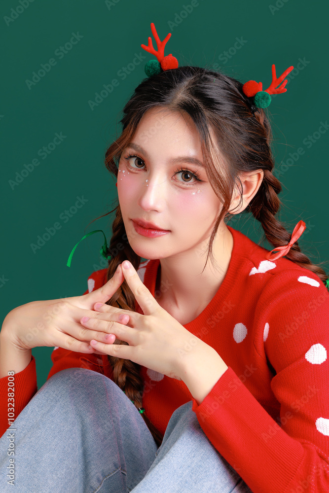 Naklejka premium Young Beauty Asian happy woman wearing cozy red sweater dress and a reindeer antler hair clip gesture on green isolated background. winter, Happy new years concept.