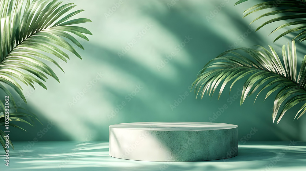 Fototapeta premium Round Green Podium with Palm Leaves for Product Display.