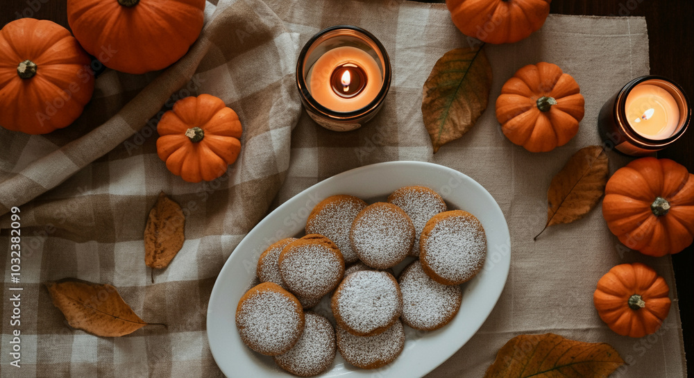 Cookies and pumpkin cookies with fall treats and candles on a cozy table setting Cookies and pumpkin cookies with fall treats and candles on a cozy table setting