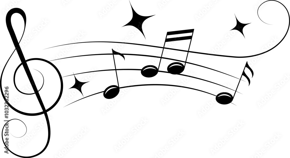 Music design. Horizontal wave with swirls, stars and musical notes. For concert, music, stickers, t-shirts. Music design. Horizontal wave with swirls, stars and musical notes. For concert, music, stickers, t-shirts.