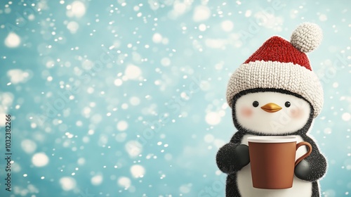 Cozy Penguin Christmas: A charming illustration of a penguin wearing a Santa hat, holding a warm mug against a snowy, bokeh background. Perfect for holiday cards, websites, and social media.  photo