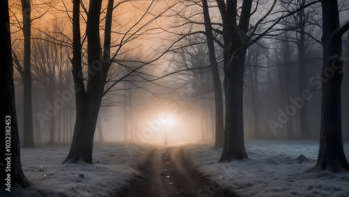 The last light of sunset casts an eerie glow on a snowy forest road. photo