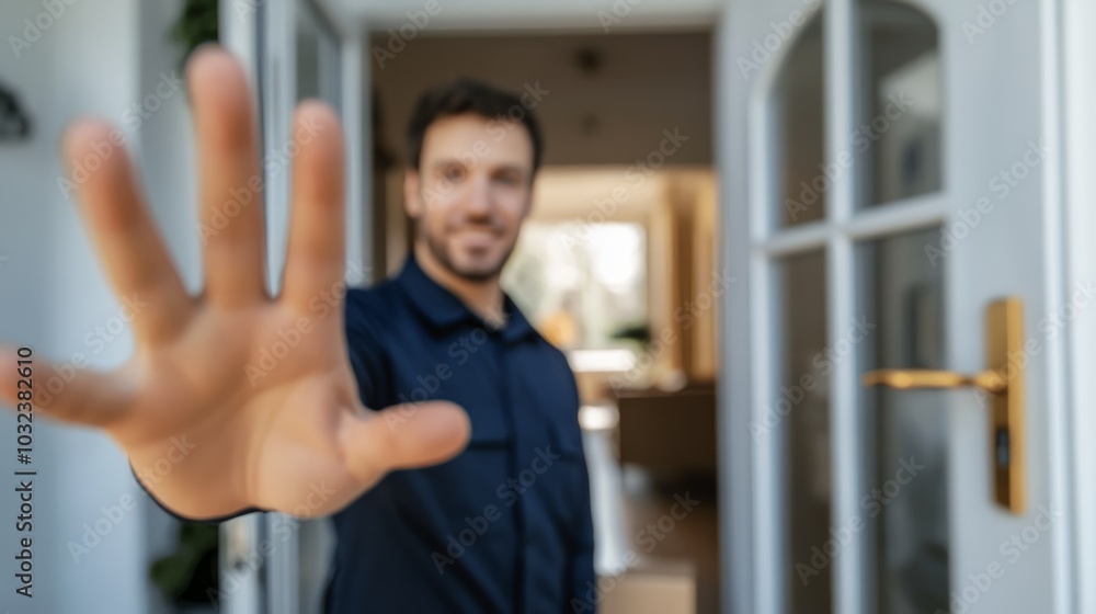 A man stands at a doorway, extending his hand in a welcoming gesture. A man stands at a doorway, extending his hand in a welcoming gesture.