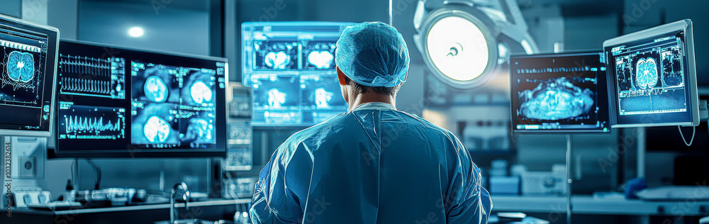 A doctor is standing in front of a computer monitor displaying several images A doctor is standing in front of a computer monitor displaying several images