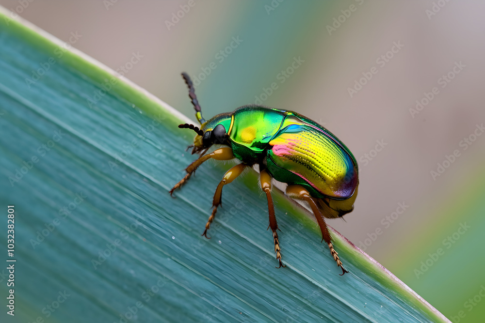Fototapeta premium Colorful beetle perches on leaf, shimmering with hints of pink, blue, green