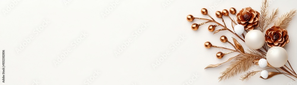 Elegant arrangement of pine cones, flowers, and decorative elements on a white background.