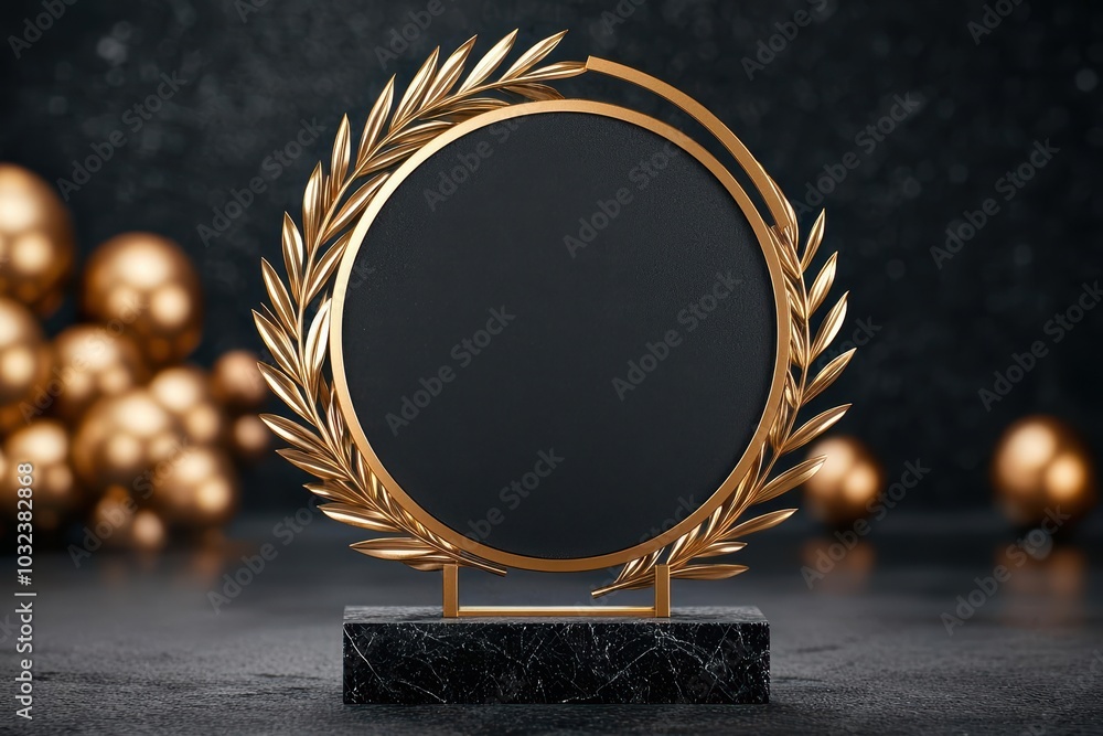 © Arnon  Parnnao - Elegant award trophy with a golden laurel design on a black surface, suitable for recognition and achievement.