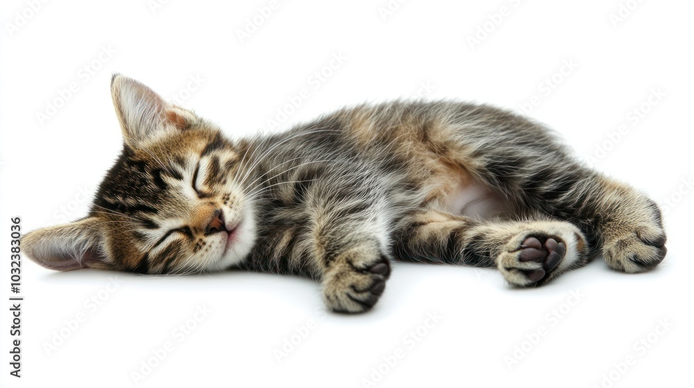 A sleeping tabby kitten resting peacefully on a white background. A sleeping tabby kitten resting peacefully on a white background.