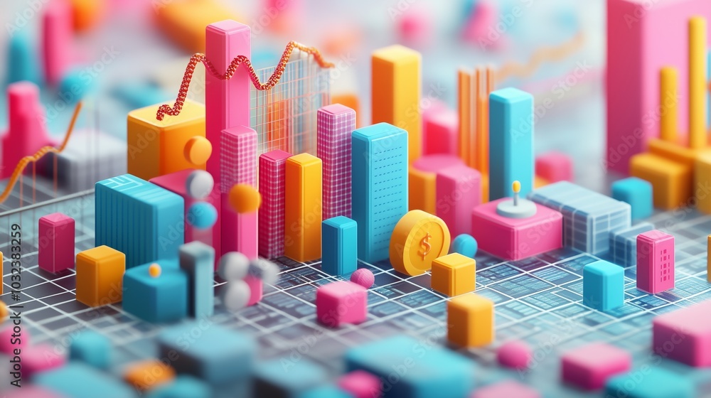 Colorful abstract 3d chart with bar graphs and financial data Colorful abstract 3d chart with bar graphs and financial data