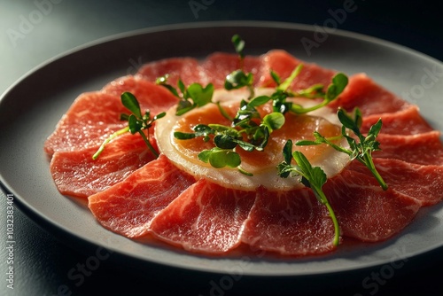 Beef Carpaccio arranged on a minimalist dish, with dramatic studio lighting casting soft shadows on the garnishes and beef