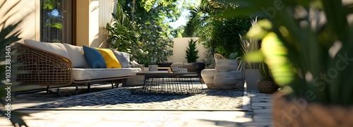 143. A bright outdoor terrace with stylish furniture, ready for showcasing an item