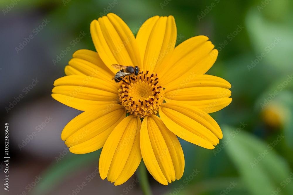 Yellow flower with anthers attracts bee, lush green background enhances natural beauty Yellow flower with anthers attracts bee, lush green background enhances natural beauty