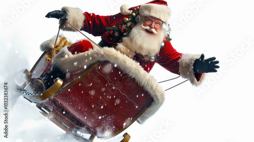 Santa Claus in mid-flight flying with his sleigh isolated on a crisp white background