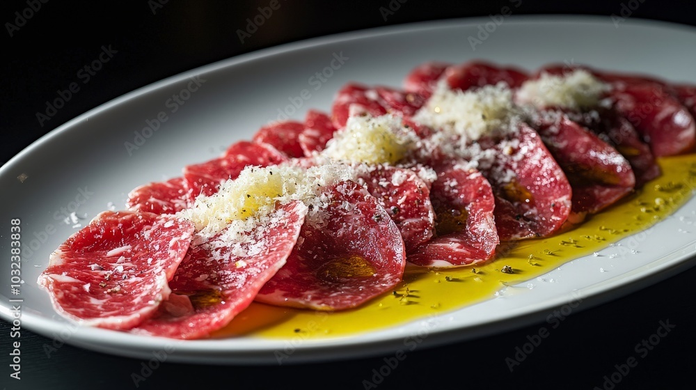 Beef Carpaccio on a white plate, illuminated by studio lighting to highlight the thin slices of raw beef topped with olive oil and parmesan Beef Carpaccio on a white plate, illuminated by studio lighting to highlight the thin slices of raw beef topped with olive oil and parmesan
