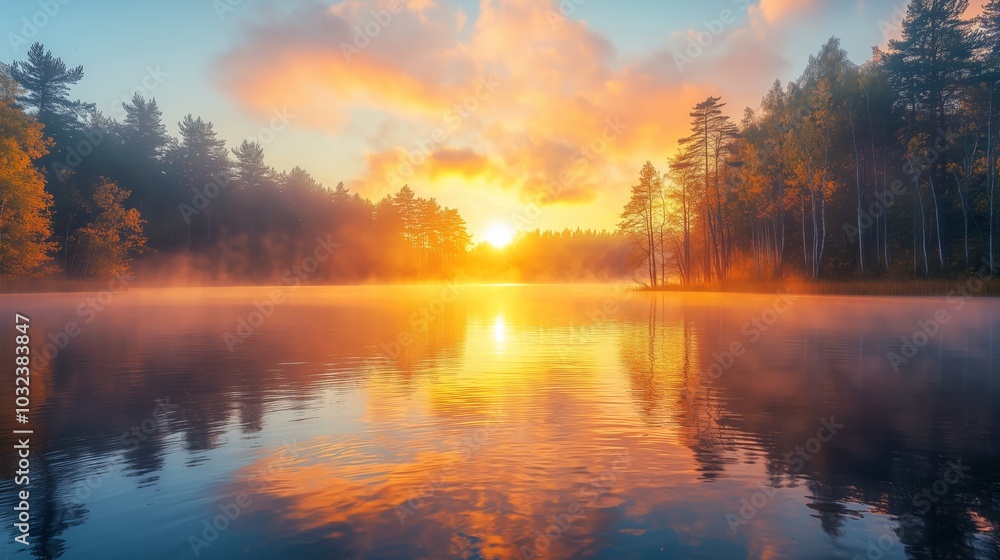 Tranquil Sunrise Over Misty Lake Tranquil Sunrise Over Misty Lake